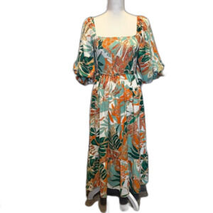 Entro Tropical Floral Smocked Tiered Midi Dress Puff Sleeves Women's Large